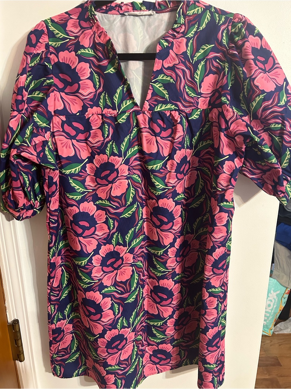 Michelle McDowell Women’s Pink Floral V-Neck Tunic Dress in Navy